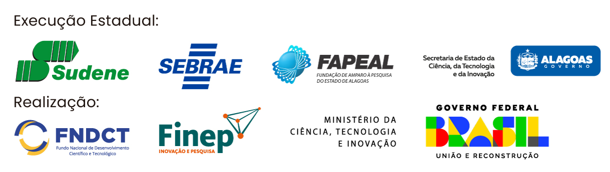 SUDENE, SEBRAE, FAPEAL, SECTI AL, FNDCT, FINEP, MINISTÉRIO DA CIÊNCIA, TECNOLOGIA E INOVAÇÃO